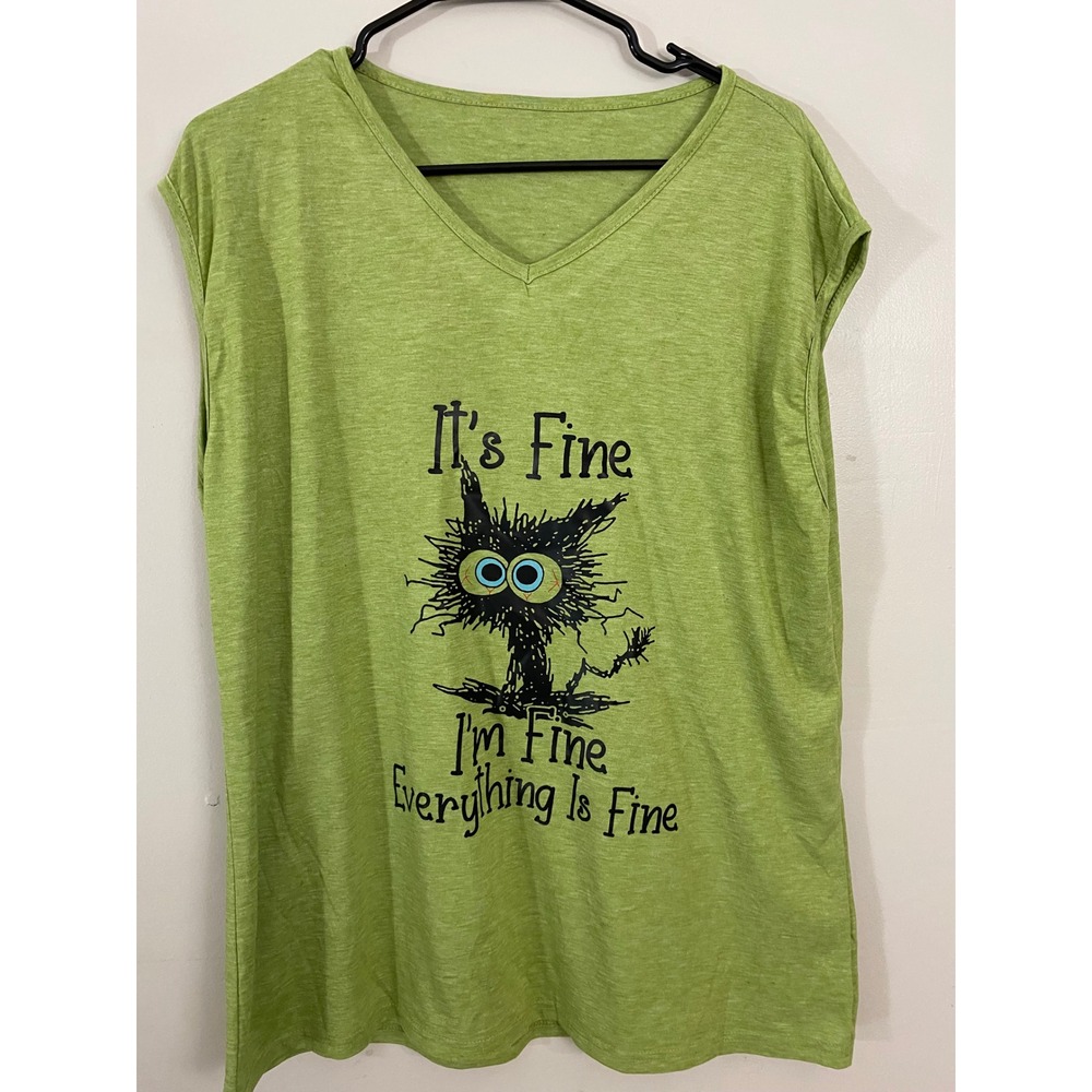 Graphic Tee Women XXL Green Its Fine Im Fine Everything Is Fine Cat - Picture 1 of 7